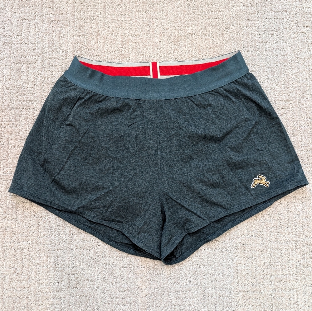 Tracksmith Gray Athletic Shorts with Red and Gold Accents